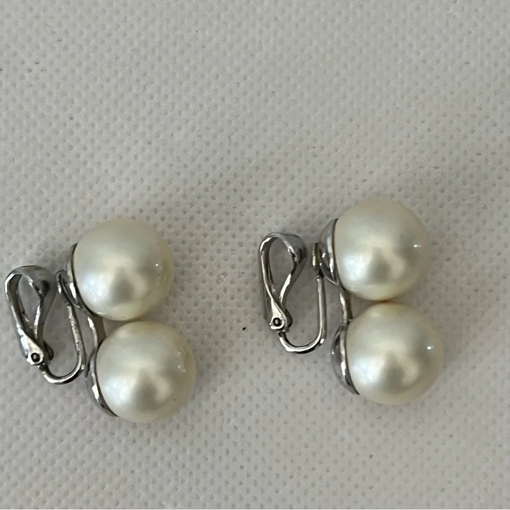 Vintage Judy Lee Large Double Pearl Silver Clip On Earrings